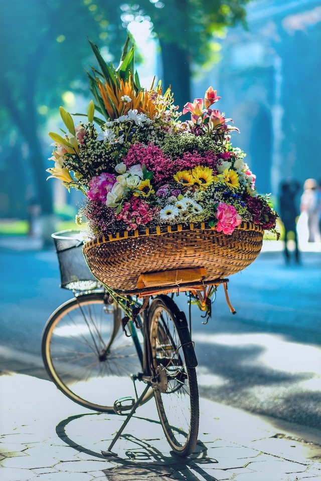 綺麗な花を満載した自転車の画像